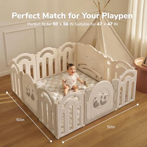 Momcozy Baby Play Mat for Floor, 50"x50" Thickened Playpen Mat, Playmate for Baby Tummy Time, Waterproof & Non-Slip, Foldable Outdoor Mat with Carrying Handle, Khaki Plaid - color: Khaki Plaid, size: 50" X 50"