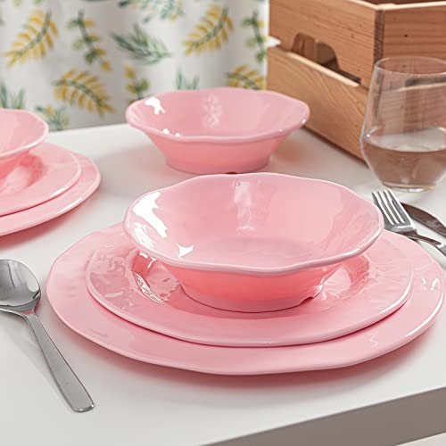 LEHAHA Pink Dishes Melamine Dinnerware Sets, 12 Piece Kitchen Plates and Bowls Dinnerware Sets, Lightweight, BPA free Melamine Dishes for Girls, Valentine's Day, Mother's Day. - color: Pink