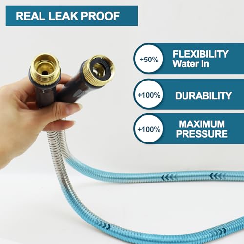 Stainless Steel Garden Hose 50ft Heavy Duty Metal Water Hoses with 10 Function Water Hose Nozzles for Yard Outdoor - size: 50 ft