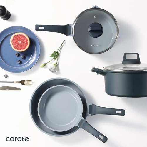 CAROTE 14 Pcs Ceramic Cookware Set, Pots and Pans Set Non Stick with Ceramic Coating, Induction Kitchen Sets - color: Blue