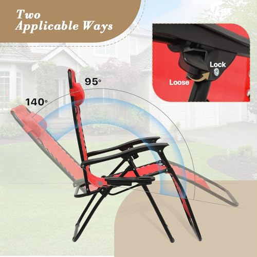 Athena Collection Zero Gravity Outdoor Lounge Chair Set of 2 with Side Table, 25" Width Pool Lounge Lawn Chairs Reclining with Cup Holder, Outdoor Chaise for Beach Patio Backyard Outside, Red - color: Red, style: 25" Width