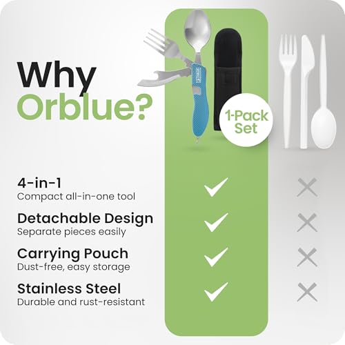 Orblue 4-in-1 Camping Utensils, 1-Pack, Portable Stainless Steel Spoon, Fork, Knife & Bottle Opener Combo Set - Travel, Backpacking Cutlery Multitool, Blue - color: 1-PACK Ultramarine Blue