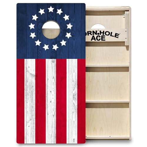 CornholeAce ACE PRO American Flag Cornhole Board Set - No Bounce! Triple Wide Legs, 3/4" Baltic Birch Plywood, Handles, Regulation Size (4x2ft), Tournament Style, Made in USA - color: Betsy Ross Flag