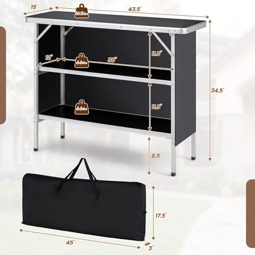 Goplus Folding Camping Table, Portable Pop-Up Bar Table with 2-Tier Storage Shelves, Removable Cloth Cover, Aluminum Foldable Camp Table for Picnic, Tailgate, Party, Travel, Outdoor - color: Black