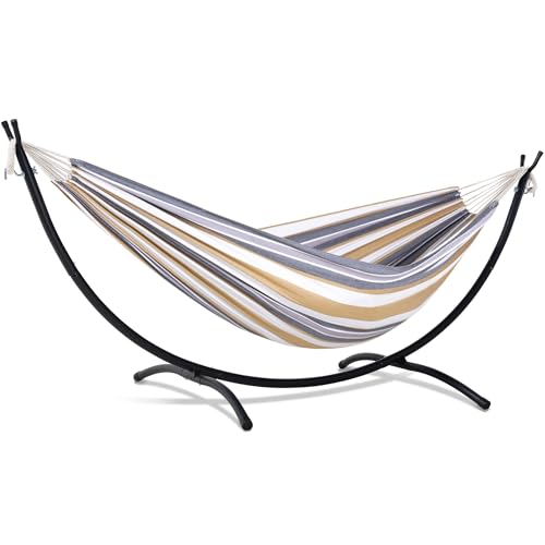 SUNCREAT 2 Person Hammock with Stand, Heavy Duty Free Standing Hammock with Stand Included, Coffee Stripes - color: Coffee White