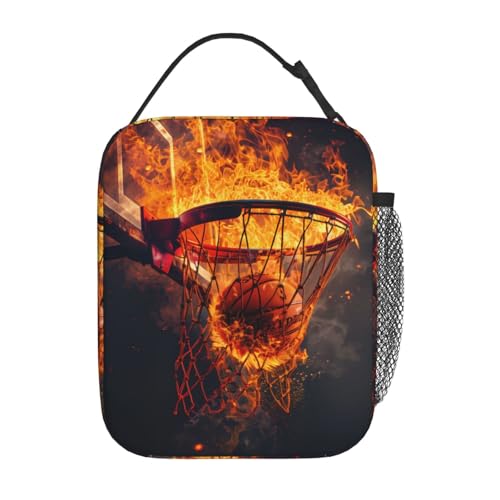Reusable Basketball Lunch Box for Kids Girls Boys Women Men Adult, Insulated Fiery Sport Lunch Bag,Polyester Cooler Flame Art Handbags Case for School Picnic Work Travel Beach or Hiking - color: Basketball 03