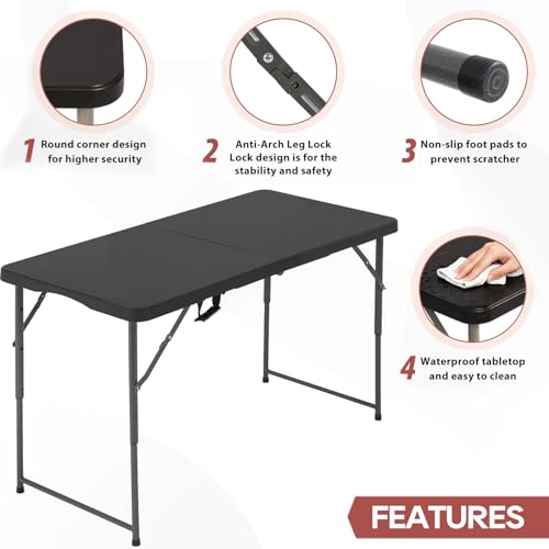 PayLessHere | 4FT Folding Table | Portable Plastic Table with Carry Handle | Waterproof & Foldable Table Design | Steel Frame with Lock | Black | for Events, Camping, Indoor & Outdoor Use - color: Black, size: 4 FT