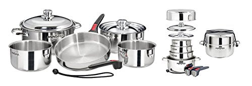 Magma 10 Piece Gourmet Nesting Stainless Steel Cookware Set, Induction Compatible, Oven Safe to 500°F - Suitable for All Stovetops, Removable Handles, Silver - color: Stainless Steel, style: 10 Piece