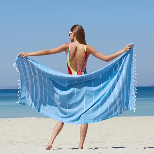 WETCAT Turkish Beach Towel Oversized (38"x71") 100% Turkish Cotton, Made in Turkey - Sand Free, Extra Large, Ultra Soft, Quick Drying, Compact & Lightweight for Travel - Blue - color: Blue, size: Beach Towel (38" x 71")