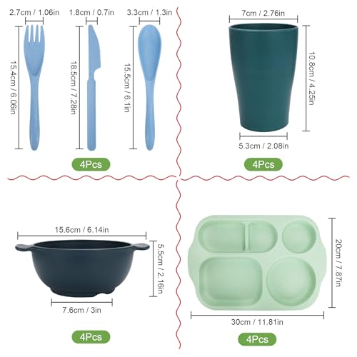 Unbreakable Dinnerware Sets for 4 People,24pcs Divided Plates and Bowls, Reusable Dinnerware Plastic Plates, Cups, Bowls, Cutlery Set for School Party, Camping, Home, Office - color: Blue