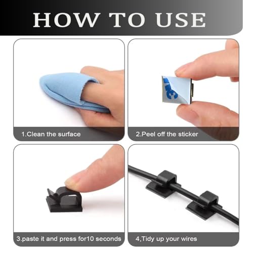 KGROTE 100PCS Cable Clips, Adhesive Wire Clips Strong Cord Clips Wire Holders, Cable Management Clips for Desk, Wall, Car, TV, Ethernet Cable (Black, Medium) - color: Black, size: Medium