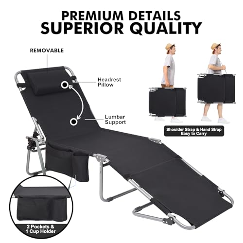 Wheel-To-Go Tanning Chair with Wheels & Sun Canopy Umbrella & Face Hole | Portable Heavy Duty Folding Lounge Chair | Outside Sunbathing Reading Beach Poolside Lawn | Lay Flat | 300 LBS (Patent Design) - color: Black, style: Standard Size + Sun Canopy Styl