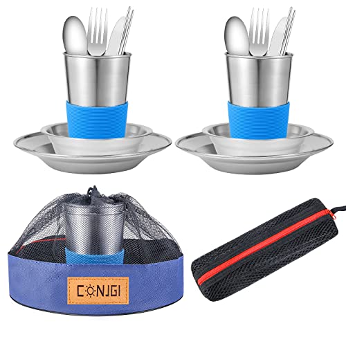 Outdoor Camping Mess Kit - 1 to 2 persons Camping Dishes Includes Cups, Bowls, Dishes, Knives, Forks, Spoons, Etc, Camping Dinnerware Set with Mesh Bag is Easy to Carry Camping Tableware Set - color: 2-person set blue