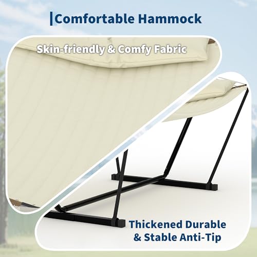 2 Person Double Hammock with Adjustable Steel Stand & Pillow, Heavy Duty Portable Outdoor Hammock Set, MAX 450 LBS Weight Capacity for Patio, Garden, Beach, Backyard - color: V-off-white