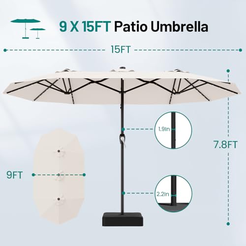 AreShark 15FT Patio Umbrella with Solar Lights, Double Sided Outdoor Table Umbrellas with Crank, Large Rectangular Market Umbrella for Porch, Lawn, Pool, Backyard, Cream-White - color: Cream-White, size: 9x15 Ft