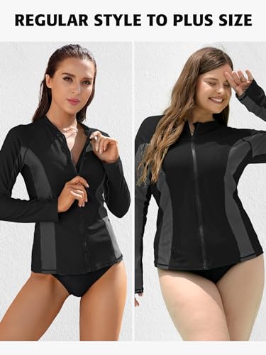 ATTRACO Women's Rashguard Swimsuit Zip Front Sun Protection Swim Shirt UPF 50+ - color: Black Splice, size: XX-Large