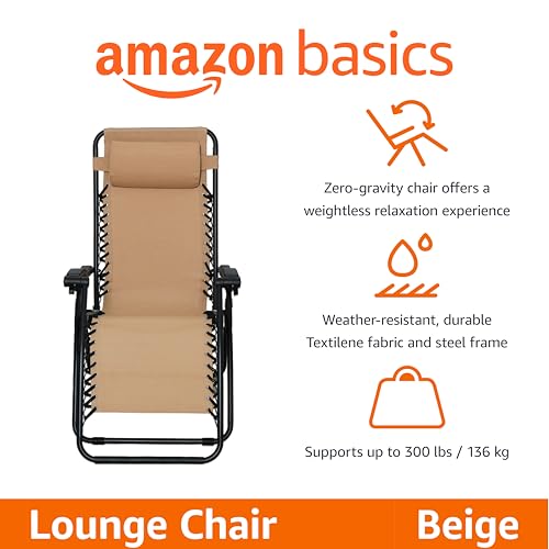 Amazon Basics Outdoor Patio Zero Gravity Folding Reclining Lounge Chair with Padded Headrest Pillow, Adjustable Lawn Chair for Outside, Weather-resistant Textilene, 26", Beige - color: Beige