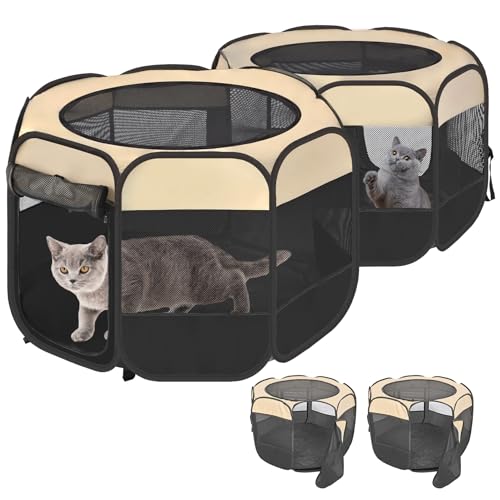 2-in-1 Pop Up Cat Playpen, Detachable into 2 Separate Pens, Assembly-Free Portable Puppy House Collapsible Dog Crates Pet Pen Tent Kennel Kitten Enclosure Cage Indoor Outdoor Foldable(S) - color: Beige, size: S, 55.2"L x 27.6"W x 17"H