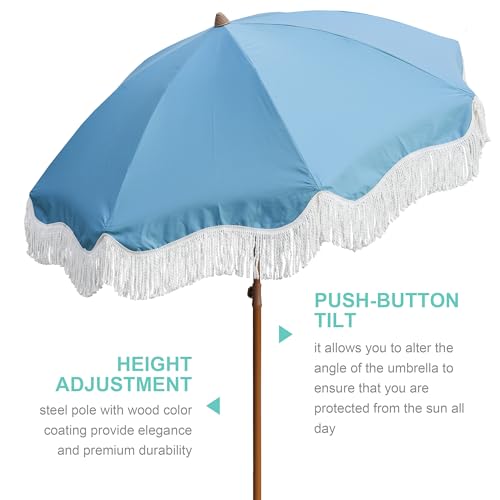 AMMSUN Boho Fringe Umbrella Outdoor Patio, 6.5ft UPF50+ Picnic Umbrella with Tassels with Steel Pole and Push Button Tilt, Blue - color: Blue