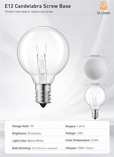 Brightown G40 Replacement Light Bulbs, 5W Clear Globe Bulb fits E12 C7 Candelabra Screw Base Sockets, 1.5 Inch Dimmable Light Bulbs for Indoor Outdoor Patio Decor, Pack of 50 - color: Clear, size: 50 Pack