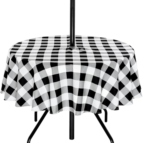 Poise3EHome Round Outdoor Tablecloth with Umbrella Hole and Zipper,Black Gingham 70 Inch,Polyester SpillProof Washable Table Cloth for Spring Summer Patio Garden Poolside Picnic Camping BBQS - color: Black Gingham, size: 70" (Round)