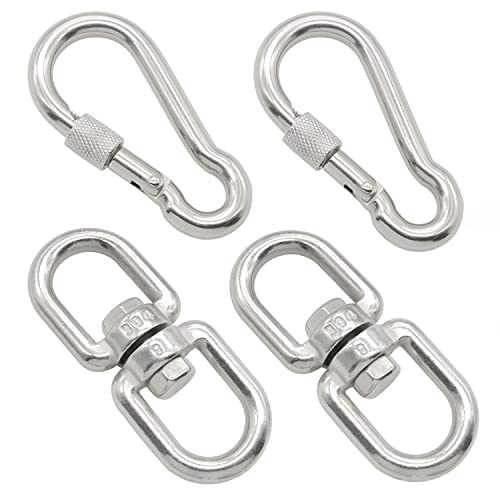 2Pcs M8 304-Stainless Steel Swivel Ring Double Ended Swivel Eye Hook, 2Pcs M8 Spring Hook, for Marine Mooring, Tree Swing, Hammock, Hanging Rotating Device