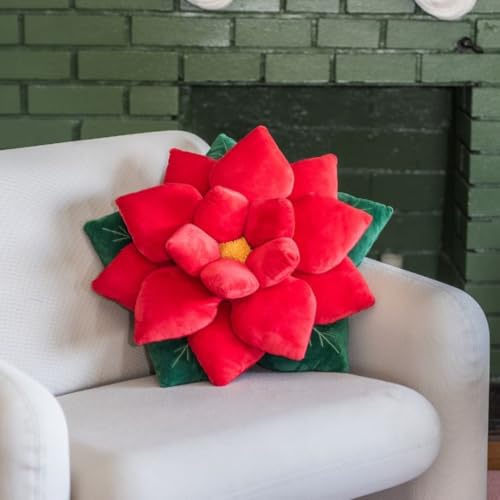Green Philosophy Co. Poinsettia Plush Throw Pillow - Christmas Red Flower Shaped Accent Cushion | Unique Christmas Decor & Gift - color: Christmas Red