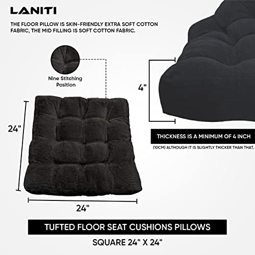 LANITI 24” Inch Extra Large Floor Cushions Tufted Floor Pillow for Adults Square Meditation Ultimate Comfort Oversized Pillows for Floor Cushion (Black) - color: Black