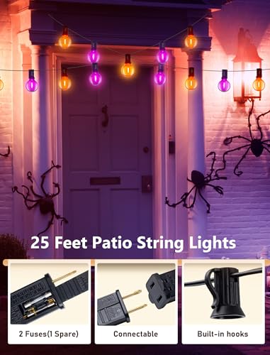 25FT Halloween String Lights Outdoor Plug-In, 25 G40 LED Bulbs & 2 Spare, E12 Base, 2700K Warm White, Shatterproof, Outdoor Halloween Decorations for Garden Patio Christmas, Clear Purple Orange - color: Clear Purple Orange, size: 25Ft