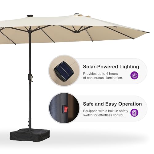 PURPLE LEAF 15ft Patio Market Umbrella with Solar LED and Base Double-Sided Rectangle Outdoor Table Sun Umbrellas with Crank for Pool Beach Deck Backyard Khaki - color: Beige, size: 15' X 9' with Lights