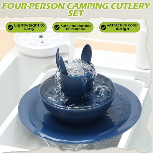 Tioncy 29 Pcs Mess Kit for Camping 4 People Camping Bowls Plates Cups Utensils Set Plastic Reusable Unbreakable Dinnerware Set with drawstring Bag for Travel Picnic Outdoor Dishwasher Safe