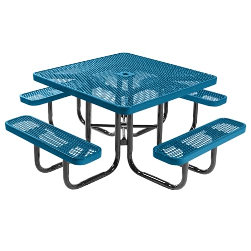 COATEDOUTDOORFURNITURE Heavy-Duty Portable Outdoor Picnic Table with Umbrella Hole, Expanded Metal Commercial-Grade Patio Dining Furniture Made in America (46" Square Top, Light Blue) - color: Light Blue, Expanded Metal, size: 46 In, Square, Expanded Stee