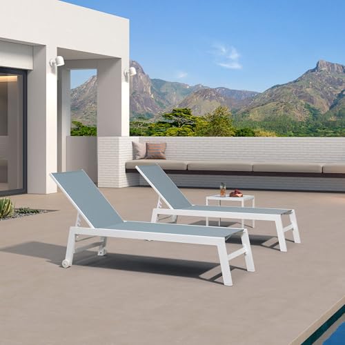 PURPLE LEAF Lounge Chair Outdoor Set of 2 White Aluminum Lounge Chair with Wheels and Table Outdoor Chaise Lounges for Patio Pool Yard, Steel Blue - color: Steel Blue, style: Standard Inclining-leg