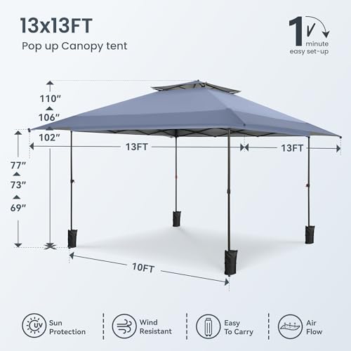 PHI VILLA 13x13 Pop Up Canopy Tent Instant Outdoor Canopy Easy One Push Tent Canopy with Wheeled Carry Bag, Straight Legs 169 Square Feet of Shade, Grey - color: Gray