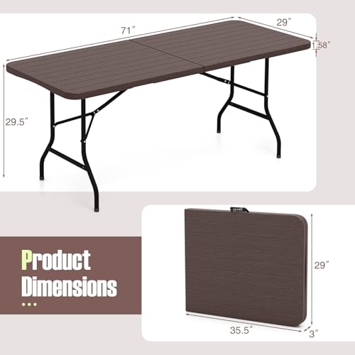 Goplus 6ft Plastic Folding Table, 350 LBS Indoor Outdoor Heavy Duty Portable Folding Tables with HDPE Tabletop, Handle, Lock, Foldable Rectangle Utility Card Table for Picnic, Party, Camping, Dining - color: Brown