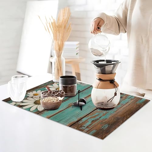 Placemats Set of 6,White Daisy Table Mats, Vintage Wood Washable Linen Table Mats,Non-Slip Heat Resistant Placemats for Party Kitchen Dining Indoor Outdoor 12"x18" - color: White Daisy, Vintage Wood