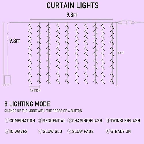 Dazzle Bright 300 LED Christmas Curtain String Lights, Halloween Fairy Lights for Bedroom with 8 Lighting Modes, Waterproof Window Light Party Wedding Garden Wall Decor, Purple - color: Purple