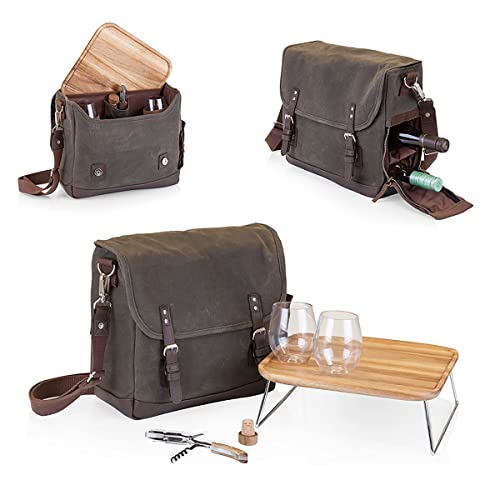 LEGACY - a Picnic Time Brand Adventure Wine Tote Bag with Wine Glasses and Mini Table, Khaki Green/Brown - color: (Khaki Green With Brown Accents)