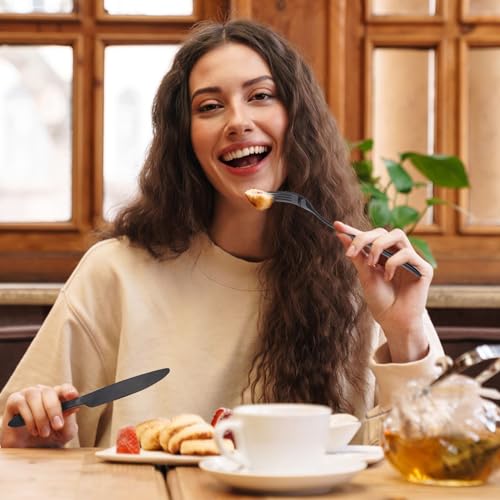 Nuenen 50 Pieces Stainless Steel Forks Silverware Set Dinner Forks and Knives Flatware Tableware Cutlery Set for Kitchen Restaurant(7.1 x 1 Inch, 8.4 x 0.7 Inch,Black) - color: Black, size: 7.1 X 1 Inch, 8.4 X 0.7 Inch
