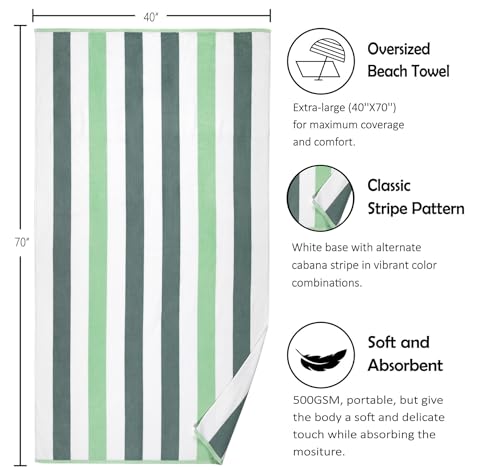 Bornbay Large Beach Towel Oversized - 40"X70" Big Cute Beach Towels, Extra Large Thick Green Pool Towel, XL Beach Towel Oversize, Giant Striped Cotton Towel for Adults - color: Sagegreen