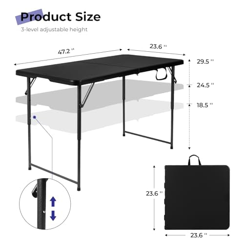 Byliable Folding Table 4 Foot Portable Heavy Duty Plastic Fold-in-Half Utility Table Small Indoor Outdoor Adjustable Height Folding with Carrying Handle, Camping and Party, Black - color: Black, size: 4FT