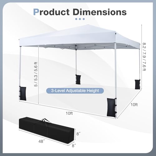 Tangkula 10x10 FT Pop Up Canopy, UPF50+ Outdoor Tent with 4 Sandbags, 8 Stakes, 4 Wind Ropes, Heavy-Duty Carbon Steel Frame, Carrying Bag, Portable Canopy Tent for Party Event Camping Travel (White) - color: White, size: 10x10 Ft