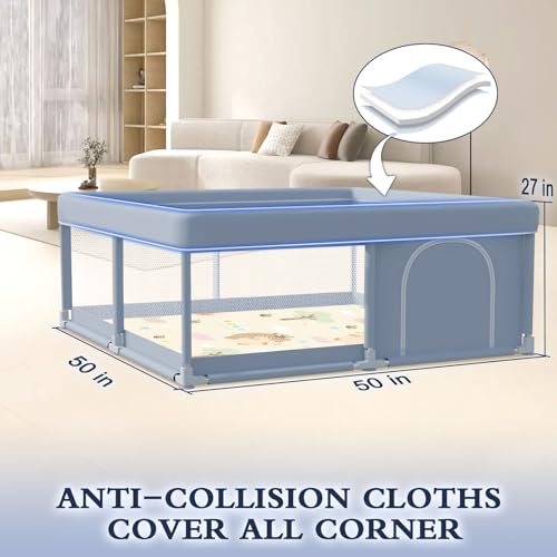 XVISHX 50 x 50 Inch Baby Playpen with Mat, Playpen for Babies and Toddlers, Baby Playard for Indoor & Outdoor Active Center Game Fence, with Skin-Friendly Fabric and Soft Breathable Mesh, Grey - size: 50 × 50 Inch+MAT