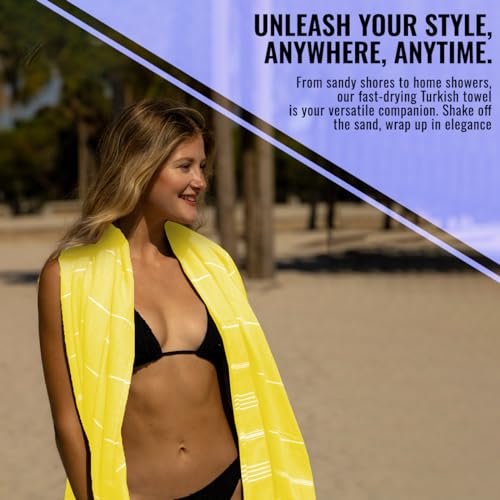 Beach Towel 100% Cotton Turkish Beach Towel Adult 38x70 Inch Pre-washed Absorbent Extra Large|Sand Free Quick Dry BathTowels|Lightweight Blanket|Travel Cruise Camping Spa Gym Yoga Sports Towel|Yellow - color: Bright Yellow