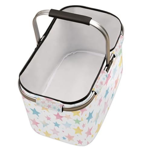 Colorful Stars Picnic Basket Large Collapsible Market Baskets Portable Reuasble Shopping Bags with Handles for Camping Beach Travel - color: Yellow