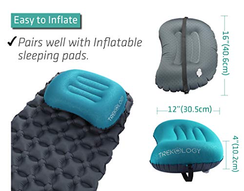 TREKOLOGY Ultralight Inflatable Camping Travel Pillow - ALUFT 2.0 Compressible, Compact, Comfortable, Ergonomic Inflating Pillows for Neck & Lumbar Support While Camp, Hiking, Backpacking - color: Teal Blue