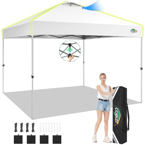 COBIZI 10x10 Pop Up Canopy Tent, Outdoor Party Tent Without Sidewall One Push Setup Glow, 3 Adjustable Height Air Vent Waterproof UPF50+, Bag, 4 Sandbag, 8 Stake, 4 Rope for Beach, Commercial - color: White, size: 10x10