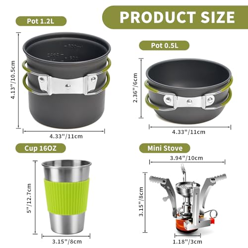 aiGear 8pcs Camping Cookware Mess Kit, Camping Pot and Pan Set with Mini Backpacking Stove, Stainless Steel Cup, Spork and Tank Bracket, Cooking Gear for Hiking Camping Outdoor Picnic - color: Green