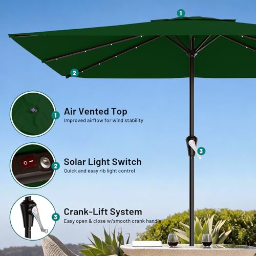 AreShark 8' X 10' Rectangular Patio Umbrella with Solar Lights, Lighted Solar Umbrella with Crank, Outdoor Table Umbrella for Garden, Deck, Backyard, Pool and Beach, Dark Green - color: Dark Green, size: 8 X 10 Ft