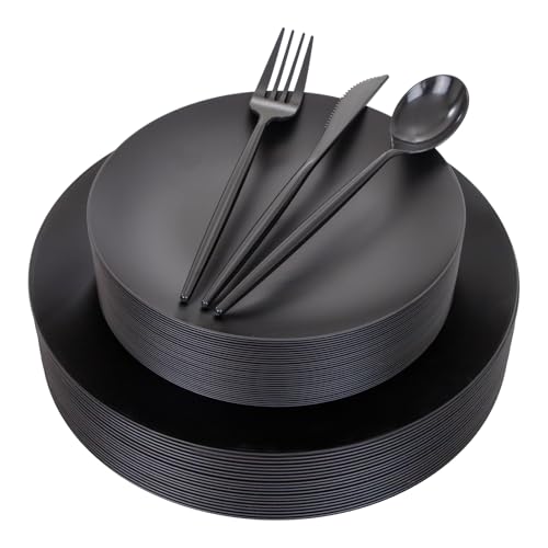 EI 150pcs Black Plastic Plates Frosted Plastic Plate,Premium Heavy Duty Black Plastic Plates,Black Disposable Plates with Plastic Silverware,10.25" Dinner Plates and 7.5" Dessert Plate Wedding Party - color: Black Frosted Plastic Plates